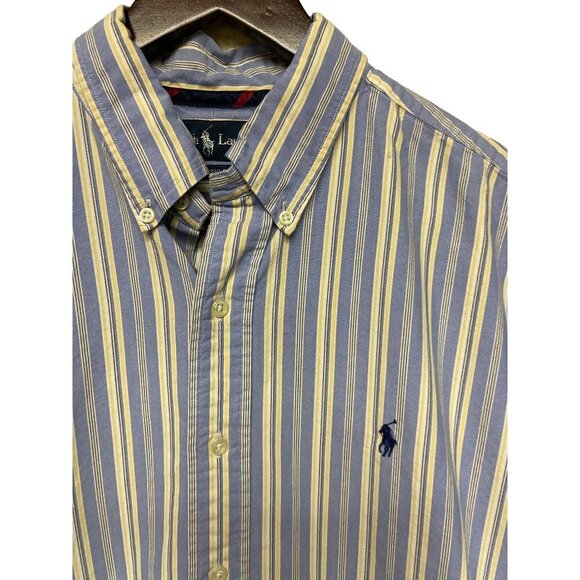 Polo Ralph Lauren Classic Fit Blue Yellow Stripe Dress Shirt Button Down Large - Picture 2 of 7
